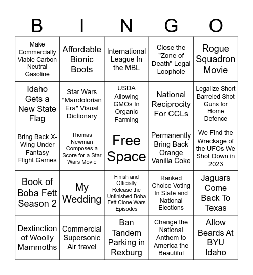 Events I Want to Happen in My lifetime Bingo Card