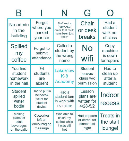Pre Spring Break Bingo Card