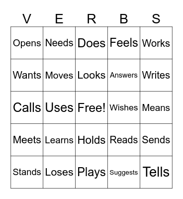 Verbs in English Bingo Card