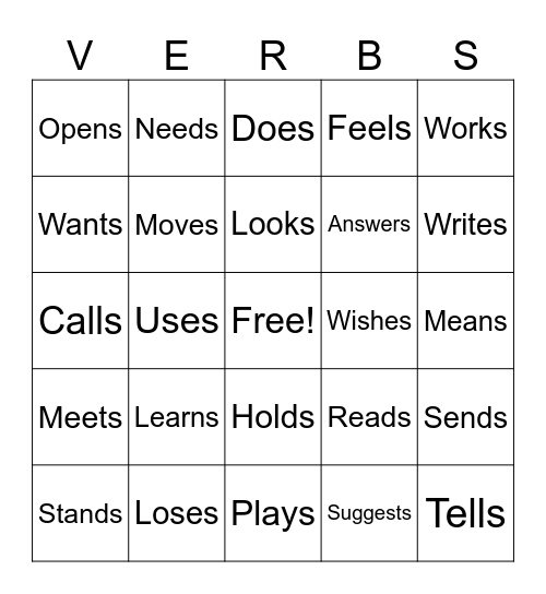 Verbs in English Bingo Card