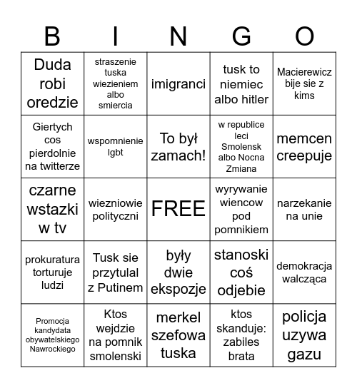 rocznica zamachu smolenskiego bingo Card