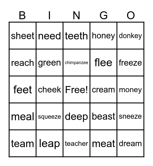 EE EA EY VOWEL TEAM BINGO Card