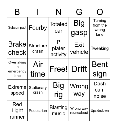 Car crash 3 Bingo Card