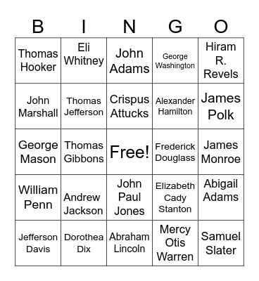 US History Bingo Card