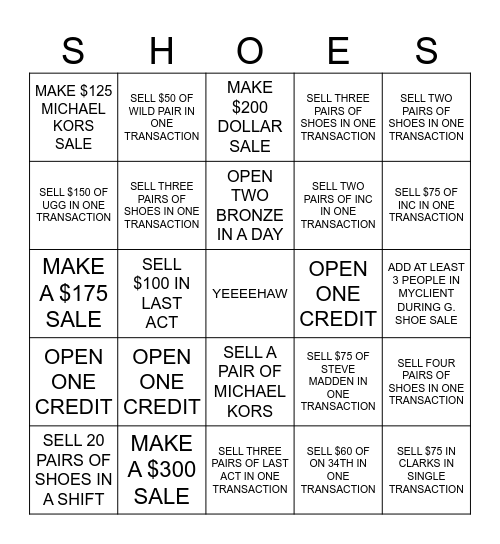 GREAT SHOE SALE Bingo Card