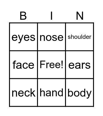 body parts Bingo Card