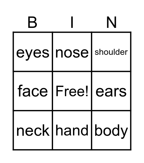 body parts Bingo Card