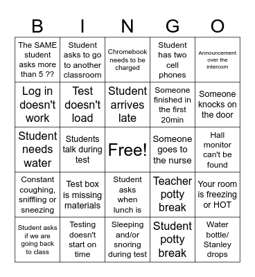 Exam Proctoring Bingo Card