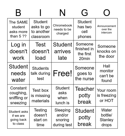 Exam Proctoring Bingo Card