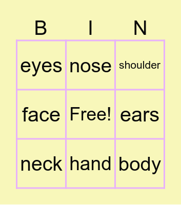 body parts Bingo Card