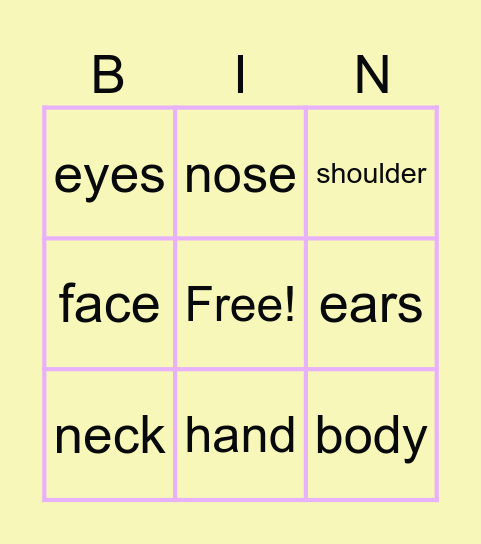 body parts Bingo Card