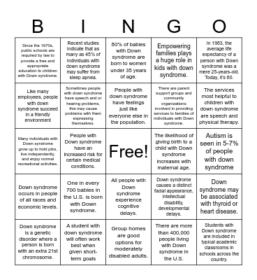 Down Syndrome Facts Bingo Card