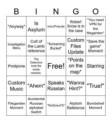 Notback being Back Bingo Card