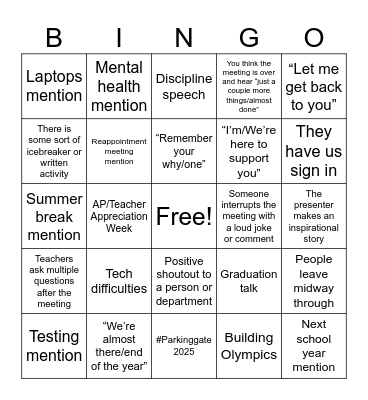 Faculty Meeting Bingo Card