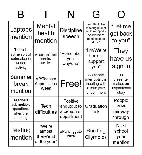 Faculty Meeting Bingo Card