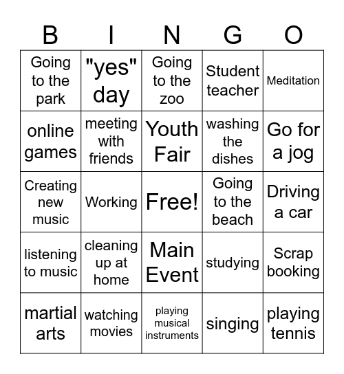Hobbies Bingo Card