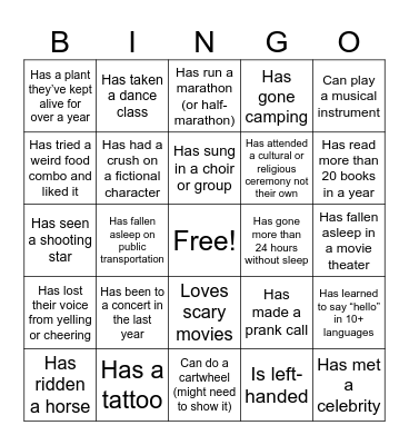 Experience Bingo Card