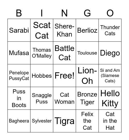 Fictional Kitty Cat Bingo Card