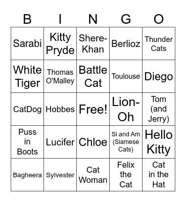 Fictional Kitty Cat Bingo Card
