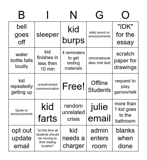 State Test Bingo Card