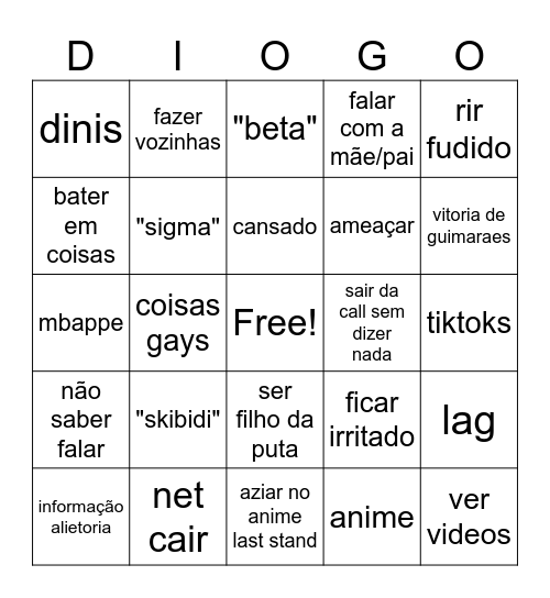 Call Diogo Bingo Card