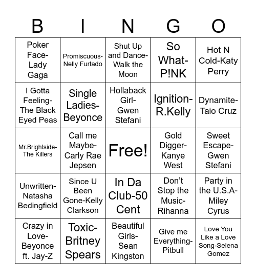 2000's Music Bingo Card