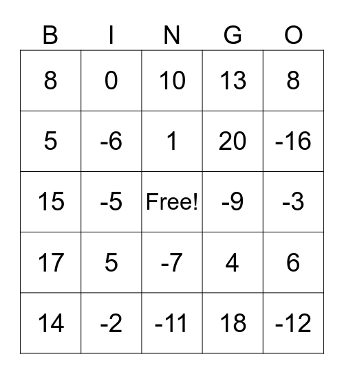 Integer Bingo Card