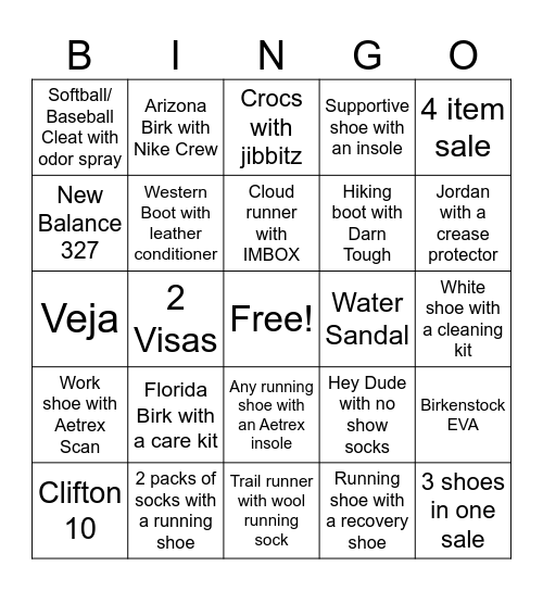 Shoe Bingo Card