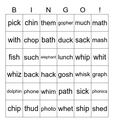 Digraph Words Bingo Card