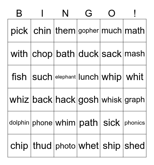 Digraph Words Bingo Card