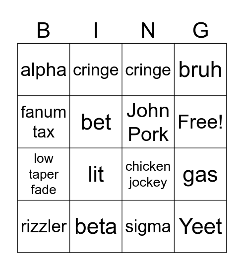 Generational Terms Bingo Card