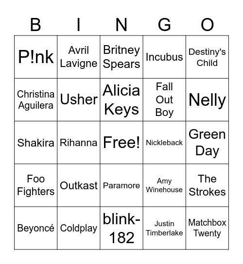 Y2K Music Bingo Card