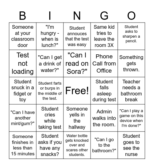 State Testing BINGO Card