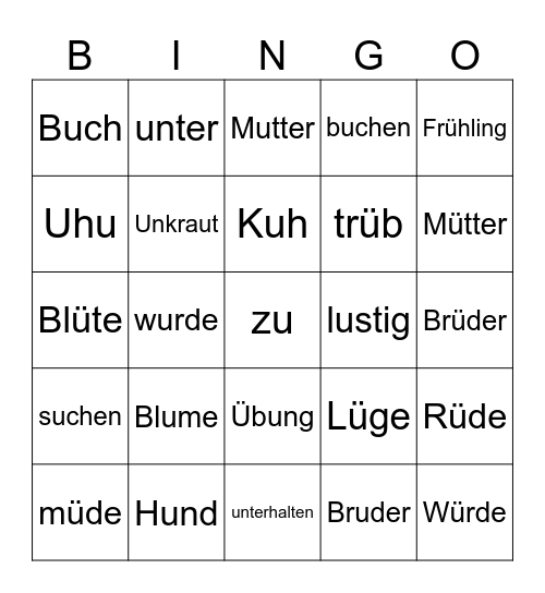 Wörter mit U Bingo Card