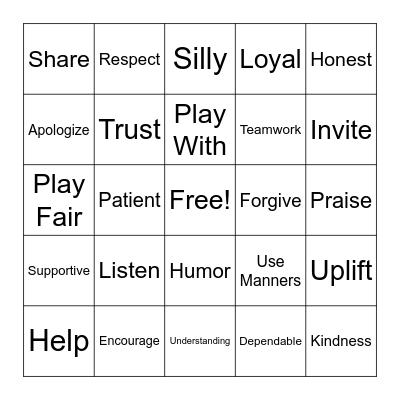 Friendship Bingo Card