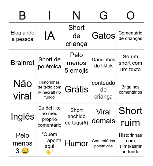Bingo dos shorts brasileiros Bingo Card