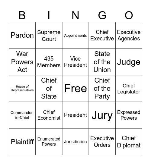 Civics Review Bingo Card