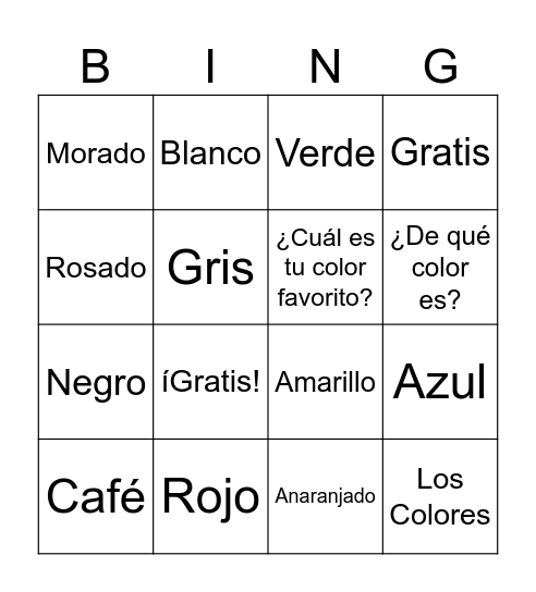 Los Colores Bingo Card