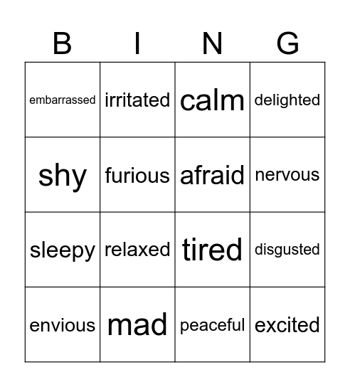 Emotions Bingo Card