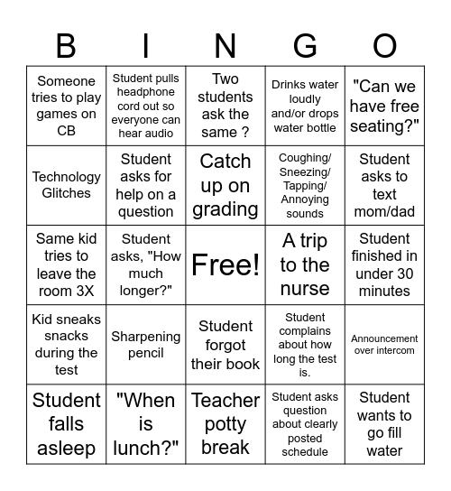 State Testing Bingo Card