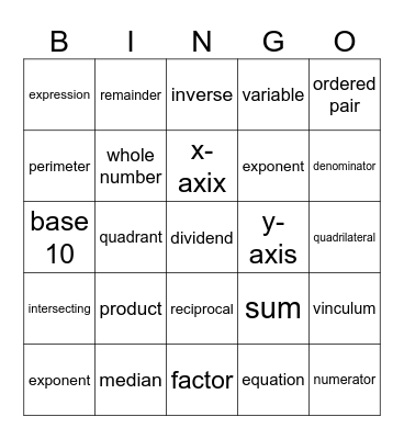 Math Vocabulary Bingo Card