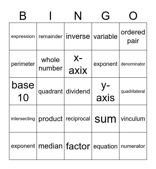 Math Vocabulary Bingo Card