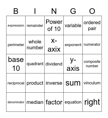 Math Vocabulary Bingo Card