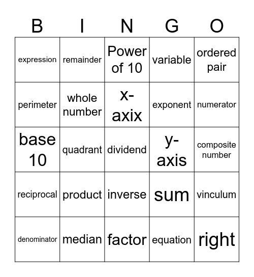 Math Vocabulary Bingo Card