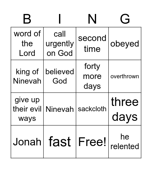 Jonah 3:1-10 Bingo Card