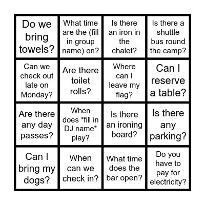 Weekender Social Media Q & A Bingo Card