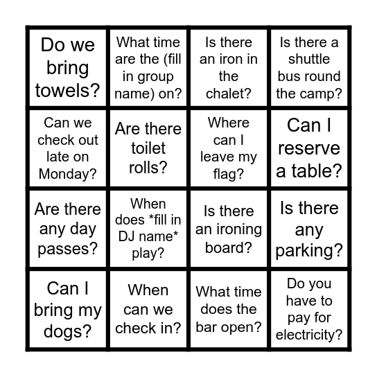 Weekender Social Media Q & A Bingo Card