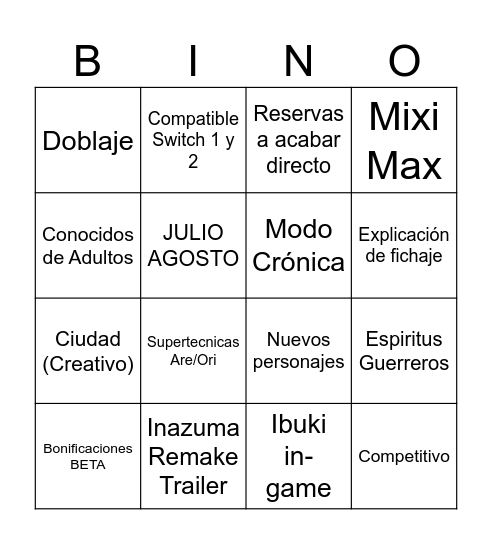 INAZUMA ELEVEN Bingo Card