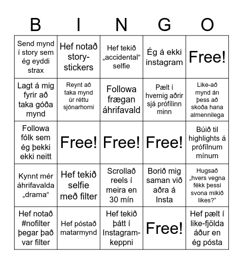 Instagram Bingo Card