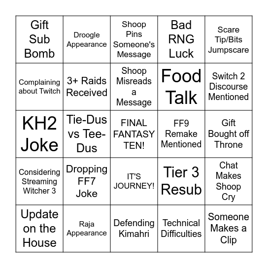 Shoop's Stream Bingo Card